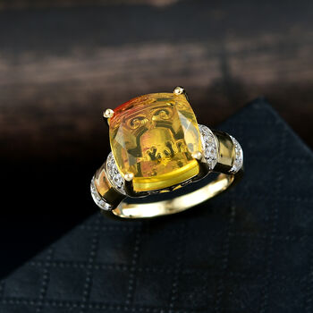D'Joy - Feuerlinien-Design Sphaleros Quarz, Wei&szlig;er Zirkon Ring 925 Silber Gelbgold Vermeil (Gr&ouml;&szlig;e 18.00) ca. 9.12 ct