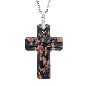 Mehfarbiger Murano-Stil Glas Kreuz-Anh&auml;nger mit 60cm Kette, Schwarz