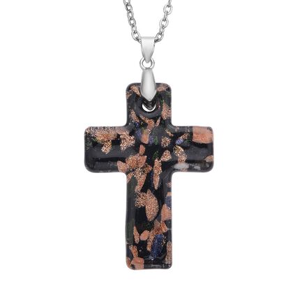 Mehfarbiger Murano-Stil Glas Kreuz-Anh&auml;nger mit 60cm Kette, Schwarz