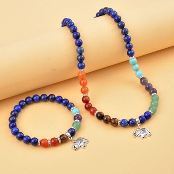 2er Set - Elefanten Anh&auml;nger Set mit Mehrfarbigen und Lapislazuli Edelsteinperlen Halskette und Armband