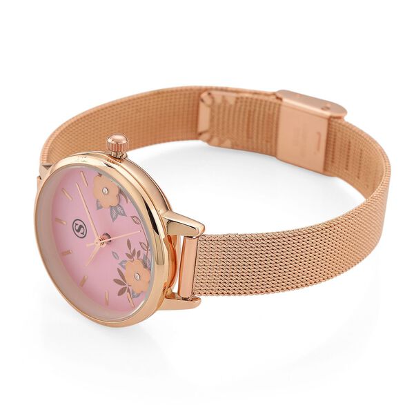 STRADA Uhr mit Japanischem PC21S Werk, Edelstahl-Mesharmband, florales Zifferblatt Rosa mit Weißem Kristall, Rosévergoldet image number 5