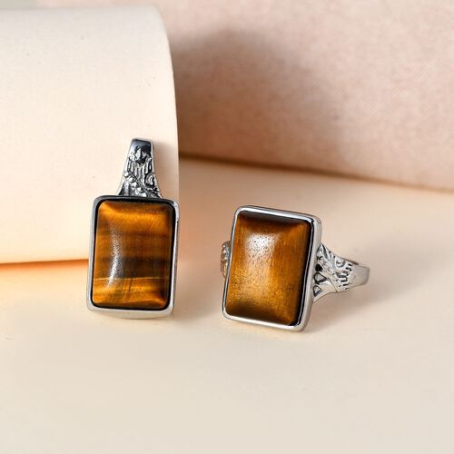 2er Set - Tigerauge Ring und Anhänger Schmuckset,  Edelstahl ca. 17.25 ct image number 1