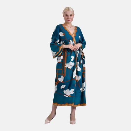 Kimono mit Vogel- und Blumenprint, flie&szlig;ende Passform, 78x128 cm, Blau
