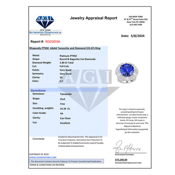 Chairman's Vault Collection - zertifiziert und geprüft RHAPSODY AAAA Tansanit und VS-EF Diamant Ring in 950 Platin - 27,15 ct. image number 6