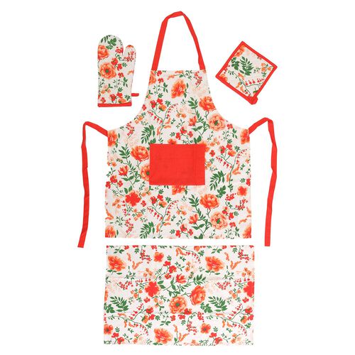 4er Set - 100% Baumwolle: Schürze, Handschuh, Topflappen, Küchentuch, Grün/Rot image number 0