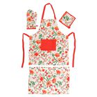 4er Set - 100% Baumwolle: Schürze, Handschuh, Topflappen, Küchentuch, Grün/Rot