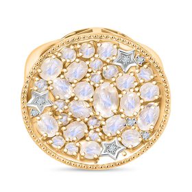 D'Joy Regenbogen Mondstein Ring 925 Silber Rhodiniert und 750 Gelbgold Vermeil (Größe 17.00) ca. 3,61 ct