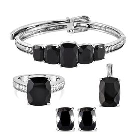 4er-Set, Schwarzer Spinell-Armband, Ring, Ohrstecker und Anhänger - 44,31 ct.