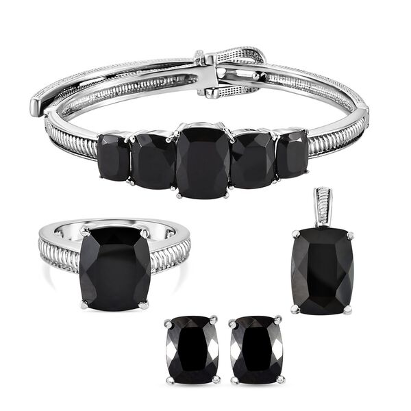 4er-Set, Schwarzer Spinell-Armband, Ring, Ohrstecker und Anh&auml;nger - 44,31 ct.