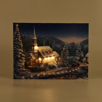 LED-Leinwandbild Winterdorf mit Kirche, mit 5 warmwei&szlig;en LEDs und 30 Lichtfasern, 30x40x1,8cm