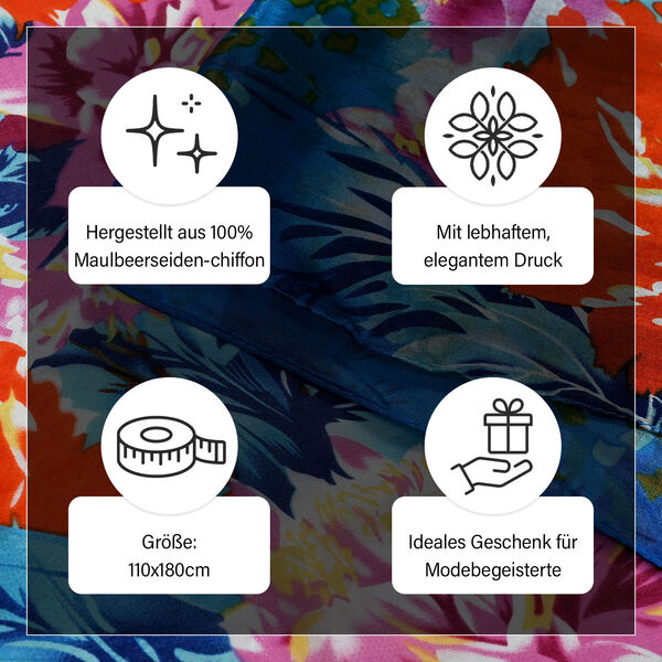 LA MAREY - 100% Maulbeeren-Seidenschal, Chiffon, 110x180cm, Blau und rot image number 4