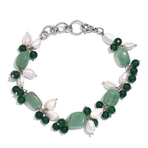 Grünes Aventurin, grünes Quarzit und weißes Süßwasserperle-Armband, 18,5 cm - 92,18 ct. image number 0