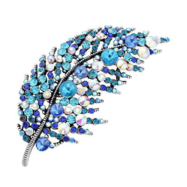 Silberfarbene Feder-Kristallbrosche, blau image number 2