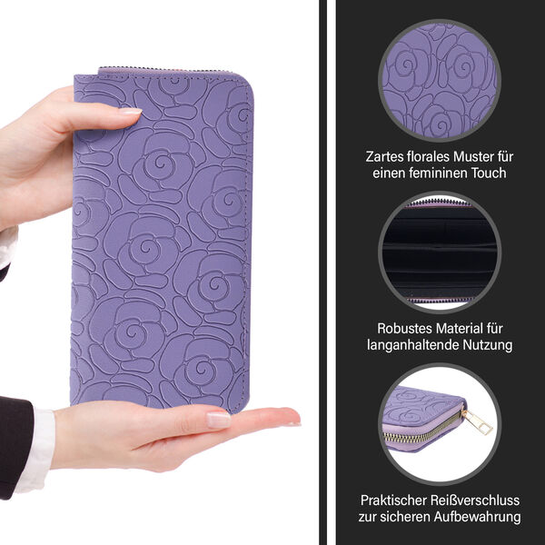 Lange Brieftasche aus naturfreundlichem Kunstleder, 19x2.5x10cm, florales Muster, lila image number 2