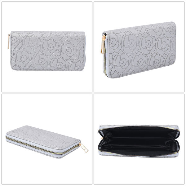 Lange Brieftasche aus naturfreundlichem Kunstleder, 19x2.5x10cm, florales Muster, silber image number 4