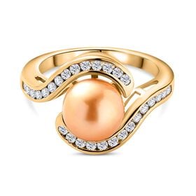 Goldene Südsee Perle, Moissanit Ring, (9-11mm), 925 Silber Gelbgold Vermeil (Größe 19.00) ca. 0.56 ct