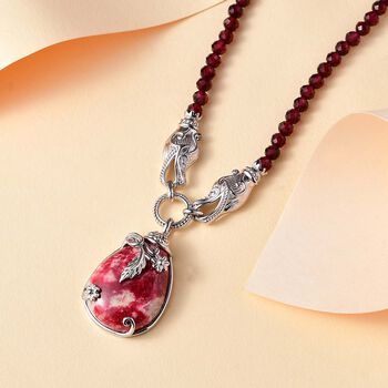 AA Norwegischer Thulit, Nat&uuml;rlicher Rhodolith Granat Halskette, ca. 45 cm Silberfarben, ca. 80.57 ct