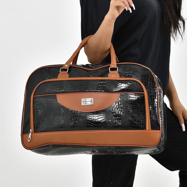 Passage: Reisetasche mit Kroko-Pr&auml;gung und Schulterriemen, Schwarz image number 3