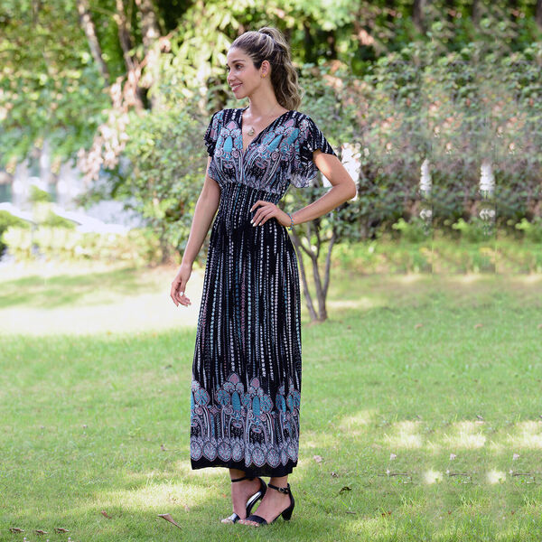 Gesmoktes Maxi-Kleid, Blumenmuster, Schwarz image number 2