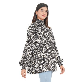TAMSY - Damen Bluse mit Blatt- und Blumenmuster, Gr&ouml;&szlig;e 38, Schwarz