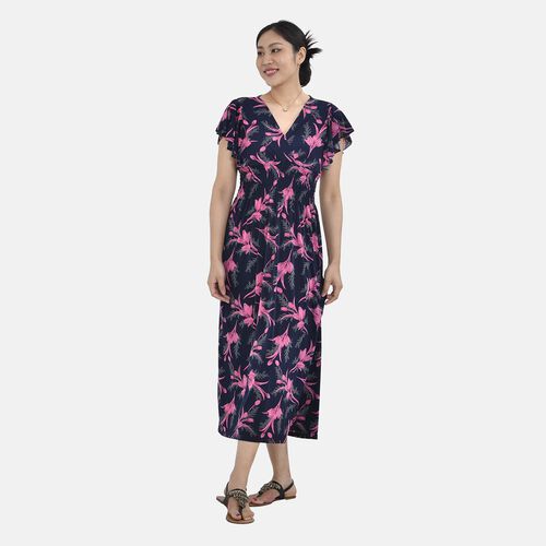 Maxikleid mit gesmokter Taille und Flatterärmeln, One Size, Dunkelblau und rosa image number 0