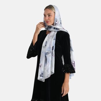 LA MAREY Signature Seidenschal aus 100% Maulbeerseide, 110 x 195 cm, Blau Grau Floral