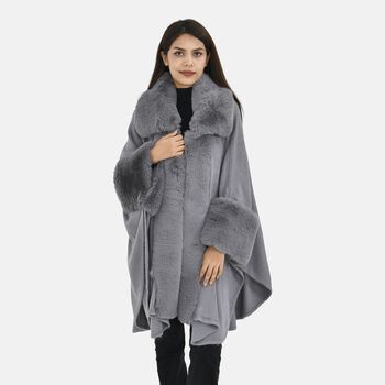LA MAREY - Stilvoller langer Mantel mit Kunstpelzrand, 108x80cm, grau