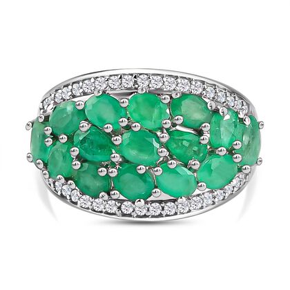 Kagem sambischer Smaragd und Zirkon-Cluster-Ring, 925 Silber platiniert, 4,10 ct.