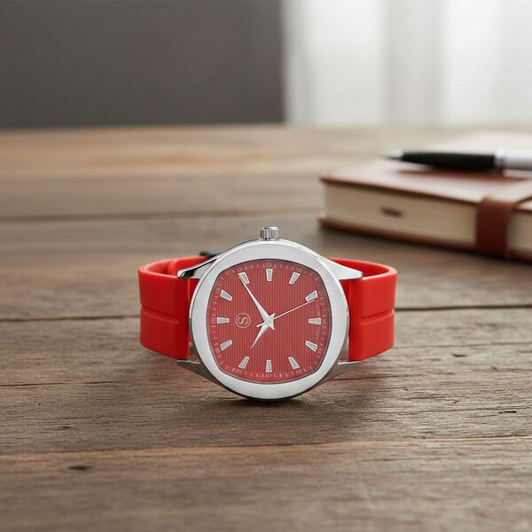 STRADA - Uhr mit japanischem Uhrwerk, silbernem Geh&auml;use und rotem Silikonarmband image number 2