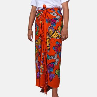 Bedruckter Sarong aus Viskose, Schmetterling Muster, Orange