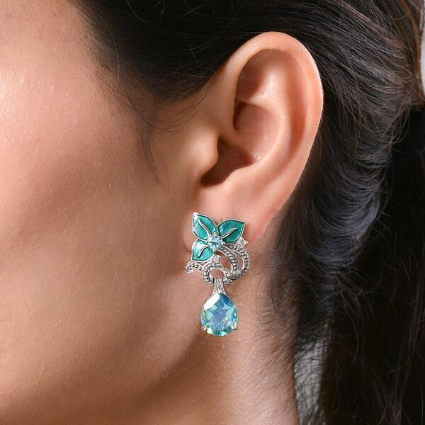 GP Italian Garden Kollektion - Pfau Triplett Quarz, blaue Apatit, Kanchanaburi blauer Saphir und Zirkon florale, emaillierte Ohrh&auml;nger in Silber image number 3