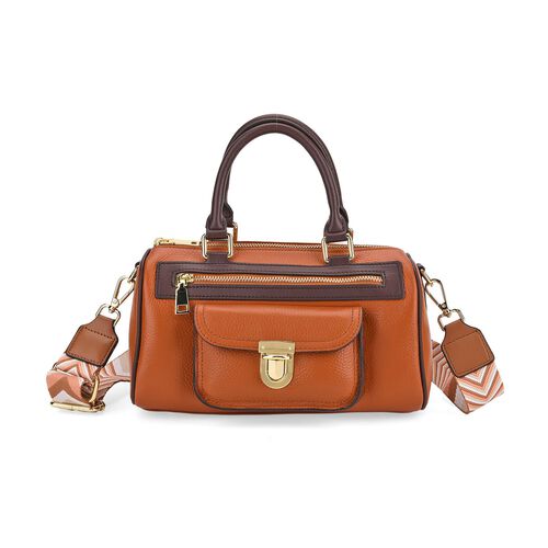 lifestyle-Color:Brown size/Profile:  Crossbody bag:wall(exterior);Genuine Leather. Lining(interior):polyester  Pockets(exterior):zipped-2;-Press button-1;Pockets(interior):Zipped-1 slip-1.Measurement(inch):10*5*5.3inch inch.Hand strap 4.7"inch. 53inch sho image number 0