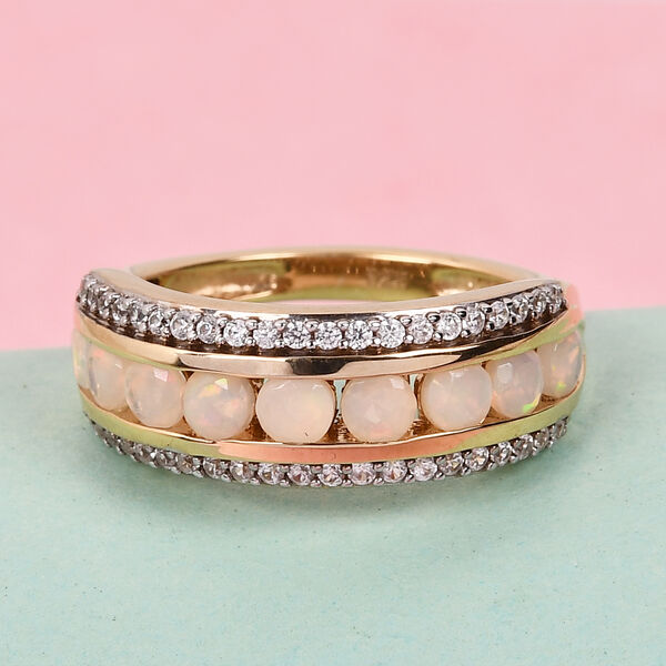 Nat&uuml;rlicher &Auml;thiopischer Opal und Zirkon Ring 925 Silber 585 Vergoldet image number 2