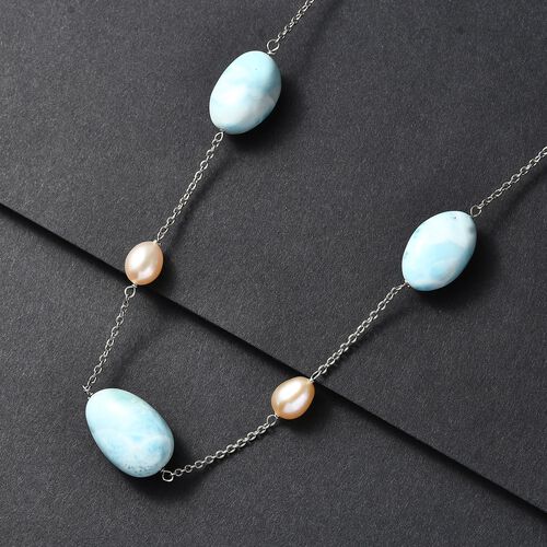 Larimar, Süßwasser Perle Halskette ca. 50 cm 925 Silber rhodiniert image number 1