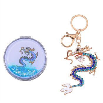 2er Set - Mehrfarbiger Kristall, Drachen-Set: Schl&uuml;sselanh&auml;nger und Spiegel, emailliert, goldfarben