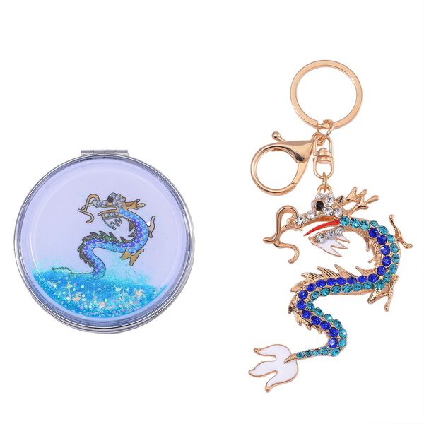 2er Set - Mehrfarbiger Kristall, Drachen-Set: Schl&uuml;sselanh&auml;nger und Spiegel, emailliert, goldfarben