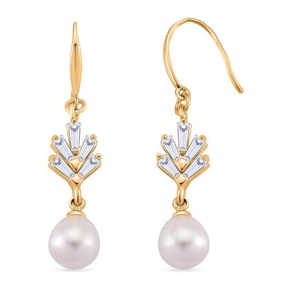 Wei&szlig;e S&uuml;&szlig;wasser Perle (7-9 mm), Wei&szlig;er Zirkonia Ohrringe Nickelfreies Messing vergoldet