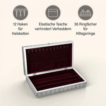 Handgefertigte, oxidierte Schmuckschatulle mit Schmetterling-Pr&auml;gung, 38x20x7,6 cm, Silber