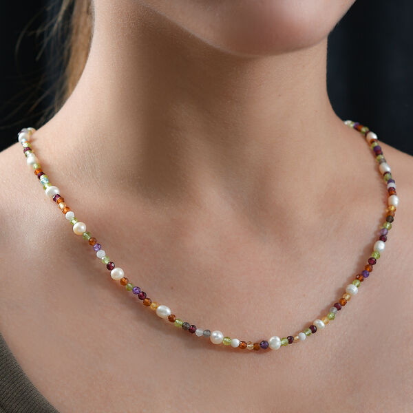 S&uuml;&szlig;wasser Perle und Multi Edelstein Halskette, 60 cm image number 2