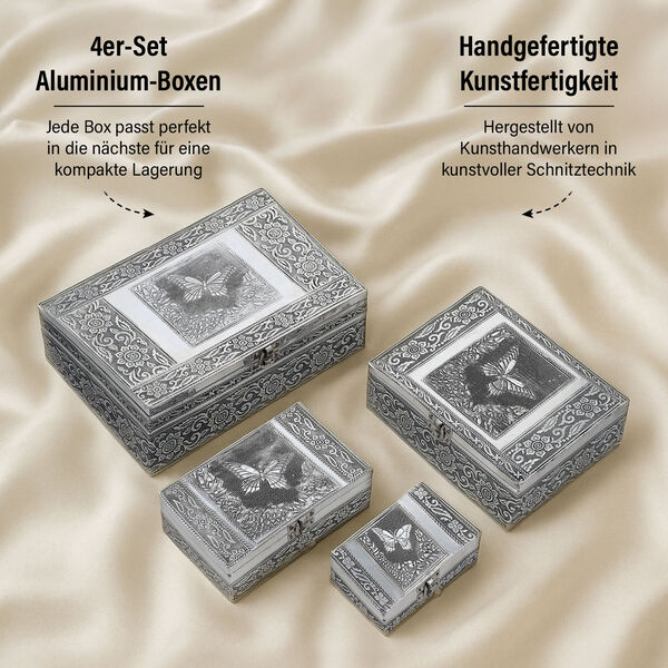 4-teiliges Set handgefertigter Aluminiumboxen mit Schmetterling-Motiv, Größen von 24x17x9 cm bis 13x6,5x3 cm image number 2