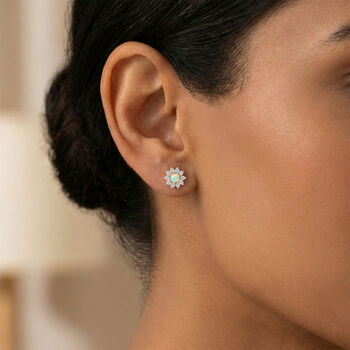 Nat&uuml;rlicher, &auml;thiopischer Welo Opal, Wei&szlig;er Zirkon Ohrringe 925 Silber Vergoldet ca. 1,03 ct.