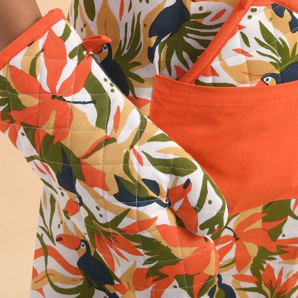 4er Set - 100% Baumwolle: Schürze, Handschuh, Topflappen, Küchentuch, Grün/Orange image number 2