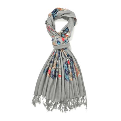 Bestickter Schal mit Paisley und Floralem Stickerei, 70 x 180 cm, Hellgrau