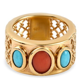 Koralle und nat&uuml;rlicher, Sleeping Beauty T&uuml;rkis Ring 925 Silber vergoldet (Gr&ouml;&szlig;e 16.00) ca. 1.77 ct