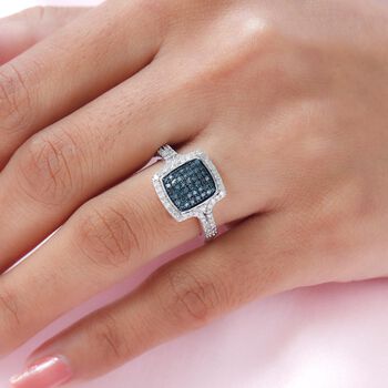 Wei&szlig;er und blauer Diamant-Halo-Ring, 925 Silber platiniert, 0,75 ct.