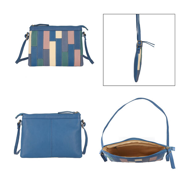 100% echte Leder Patchwork Umhängetasche, Blau image number 3