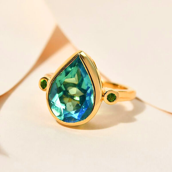 Pfau Quarz Triplette, nat&uuml;rlicher Chromdiopsid Ring, 925 Silber vergoldet, (Gr&ouml;&szlig;e 19.00), ca. 6.02 ct image number 2