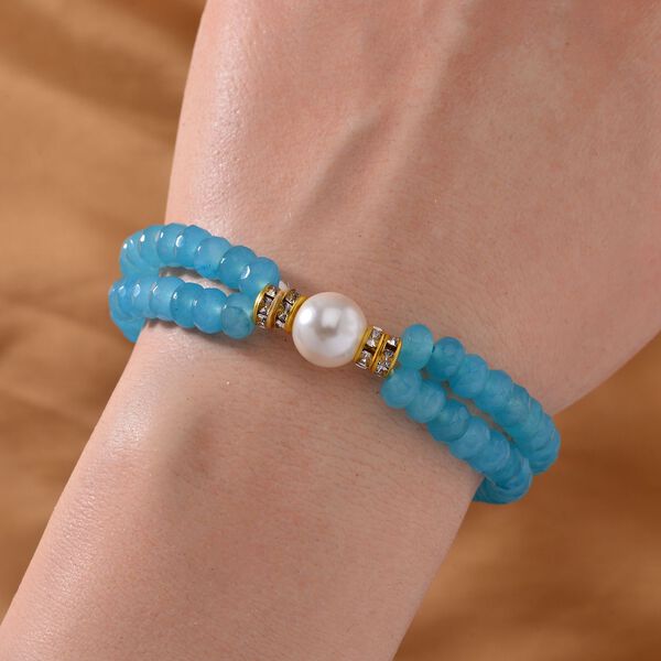 Weiße Muschelkernperle, Blauer Achat Armband ca. BR-Stretch cm Legierung Standard gelb vergoldet image number 2