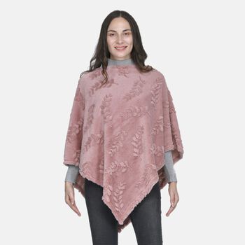 Weicher Kunstfell Poncho mit 3D Bl&auml;tter Motiv, 85x100 cm, Altrosa