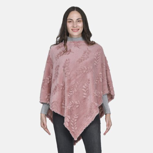 Weicher Kunstfell Poncho mit 3D Blätter Motiv, 85x100 cm, Altrosa image number 0